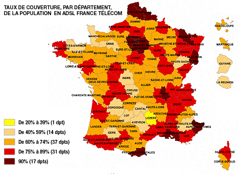Taux de couverture, par département, de la population en ADSL France Télécom